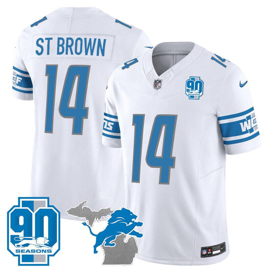 Men Detroit Lions #14 ST Brown White 2024 Nike 90th Year Michigan Patch Vapor NFL Jersey